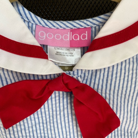 Goodlad Dress Size 12 Months Blue White Seersucker Trimmed in Red Button Front - Picture 4 of 4